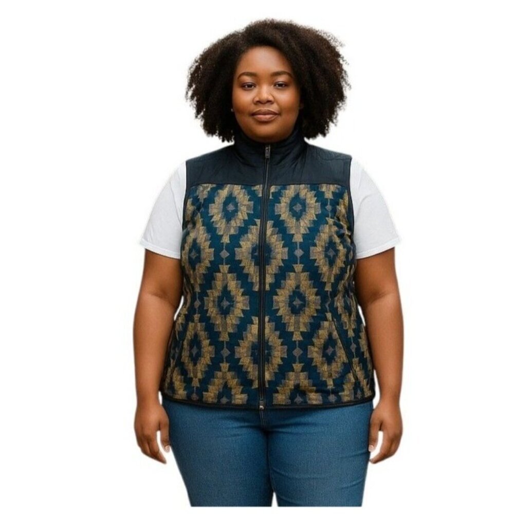 Great Northwest Indigo Womens Aztec Southwestern Pattern Full-Zip Vest Navy XL